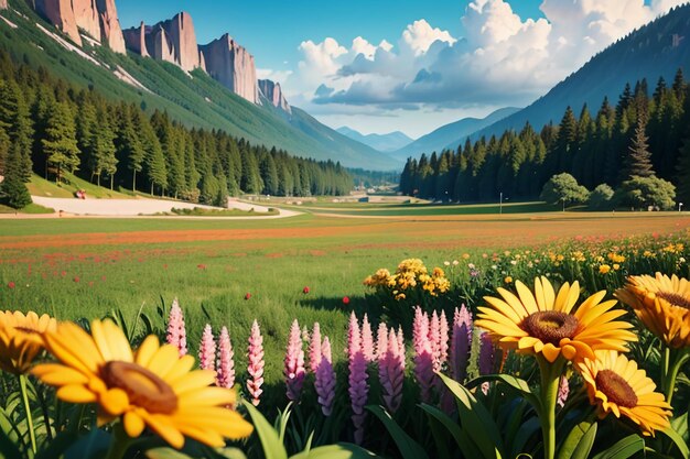 Photo various flowers on the green grass and the mountains in the distance are blue sky white clouds