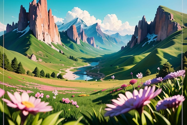 Фото Разные цветы на зеленой траве и горы вдалеке голубое небо белые облака