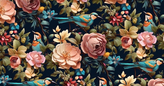 Various of flowers surrounded by a birds seamless background design