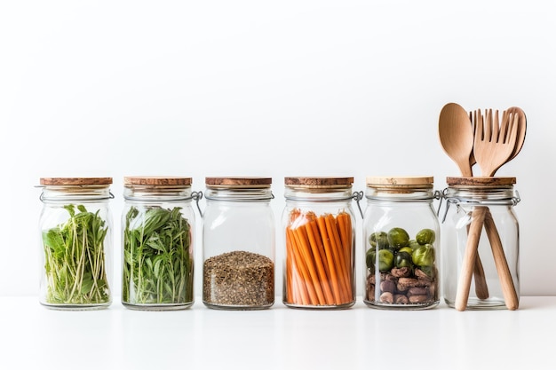 Various food in glass kitchen crisper jars in front of white background