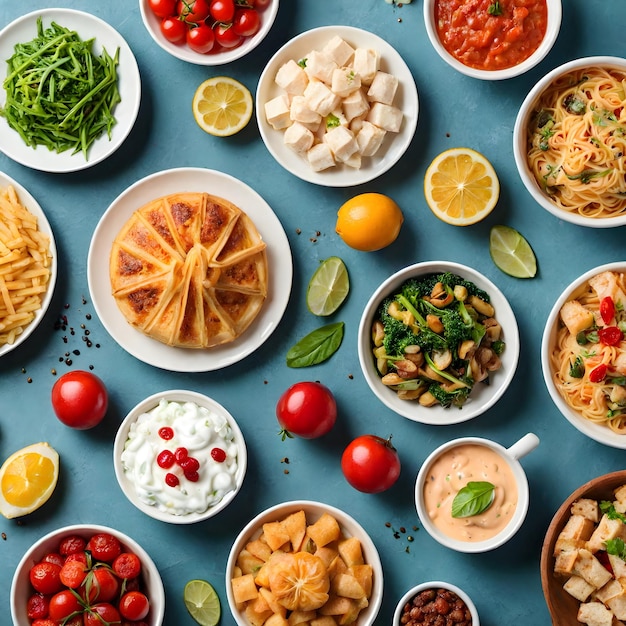 Photo various food on table flat lay