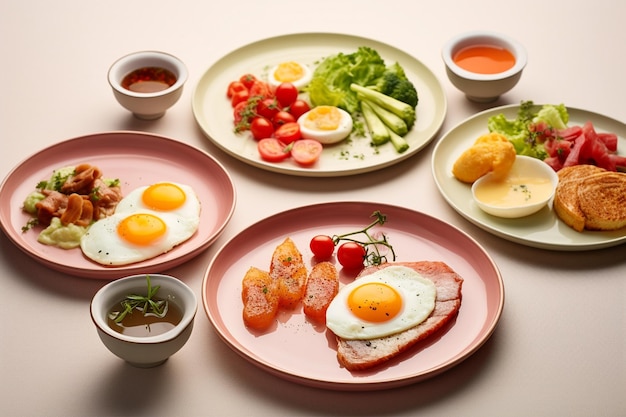 朝食 の 皿 に 載っ て いる 様々な 食物