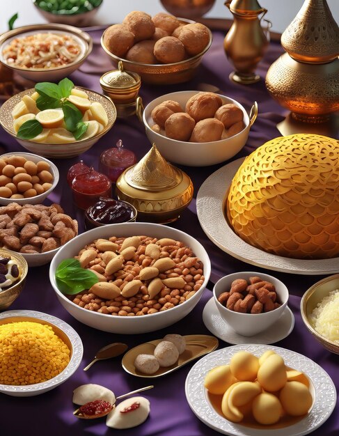 Photo various foods on the table in eid alfitr celebration for eid alfitr background