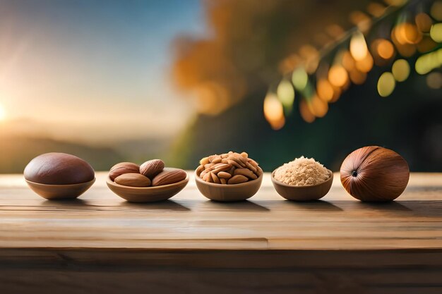 Photo various foods on a table with a sunset in the background