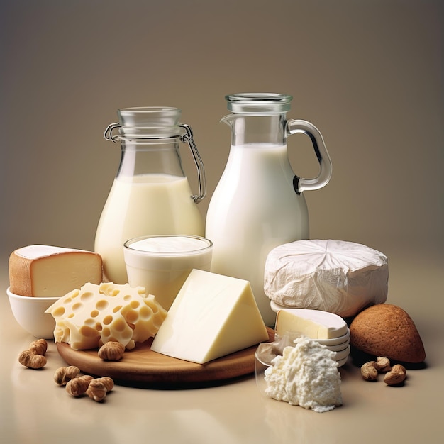 Various fresh dairy products on a wooden table