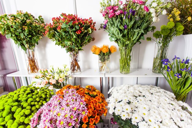 Various fresh flowers in the flower market