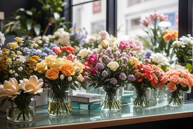 Foto vari fiori freschi sulla scrivania di vetro nel negozio di fiori