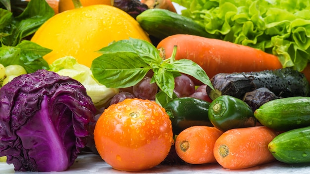 Various fresh fruits and vegetables for eating healthy and washed