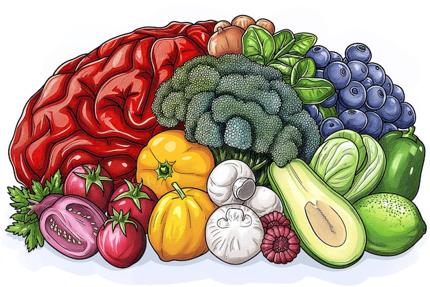 Photo various fresh fruits and vegetables for a healthy food eating and vegetarian diet nutrition in shape of human brain