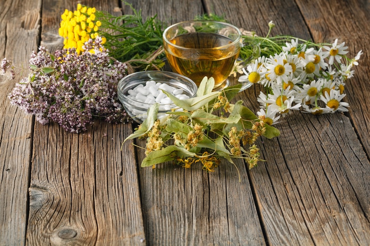 Photo various fresh herbs hanging on table