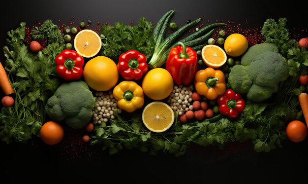 暗い背景にさまざまな新鮮な有機野菜の選択的なソフト フォーカス