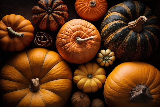 Various fresh pumpkins all in closeup