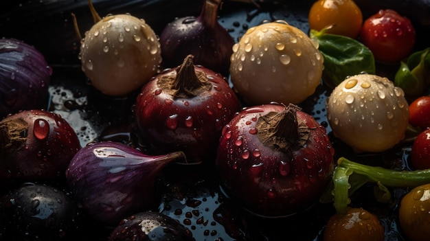 雨滴生成 AI と菜園から濡れた黒いテーブルに水しぶき流水で様々 な新鮮な生野菜