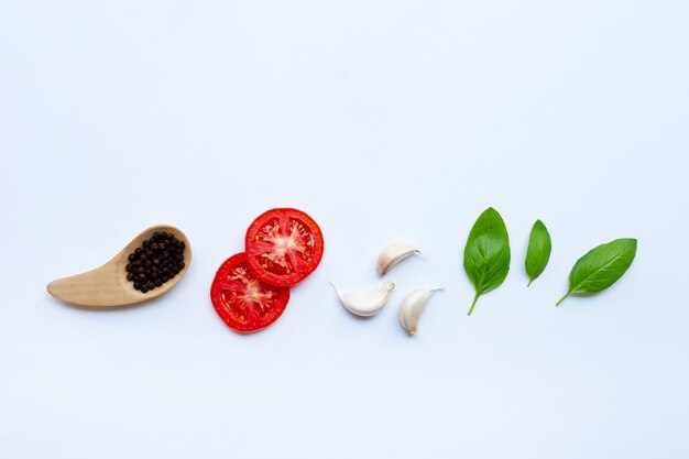 Various fresh vegetables and herbs on white background. Healthy eating concept