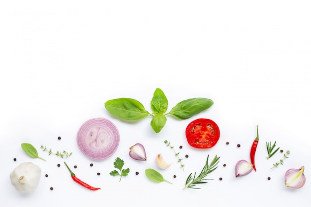 Various fresh vegetables and herbs on white background. Healthy eating concept