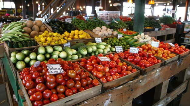 写真 木製の市場のスタンドにある様々な新鮮な野菜