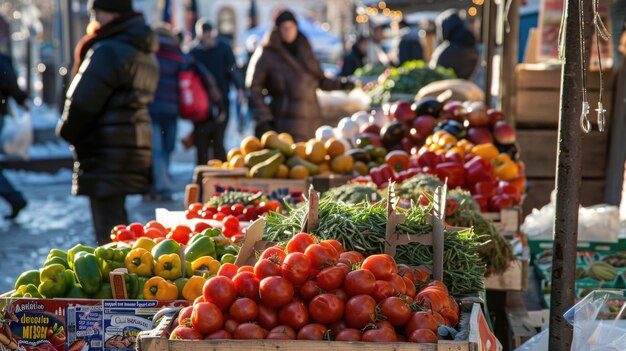 写真 木製の市場のスタンドにある様々な新鮮な野菜