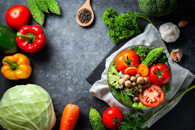 Various fresh vegetables organic food for healthy on rustic background 