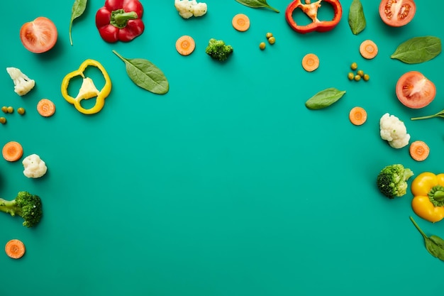 Various fresh vegetables such as tomato broccoli peas bell pepper and leaves on green background