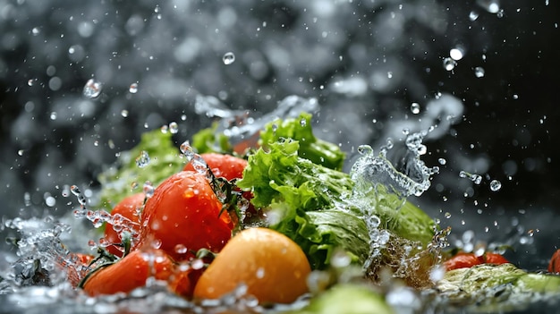 写真 さまざまな新鮮な野菜と水しぶき