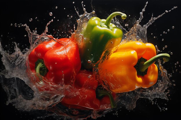 Various fresh and wet vegetables in close up flat lay3 wood texture background dramatic light