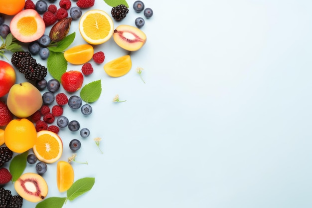 Various fruit and berries with copy space Summer vitamin food concept