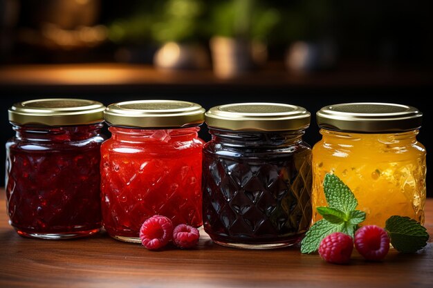 Foto diverse marmellate di frutta su uno sfondo di legno