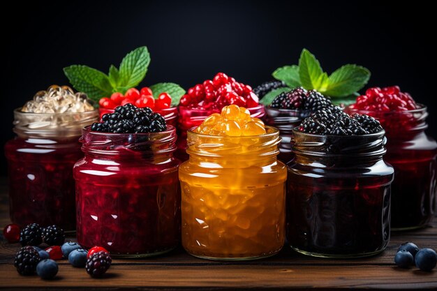 Various fruit jams on a wooden background