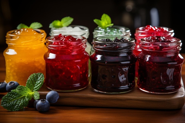 Various fruit jams on a wooden background