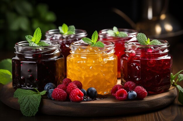 Various fruit jams on a wooden background