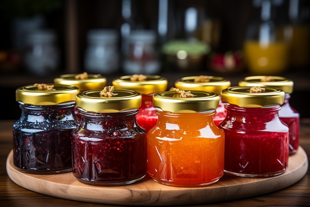 Various fruit jams on a wooden background