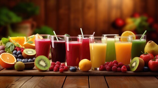 Various fruit juices and their ingredients on a wooden table background