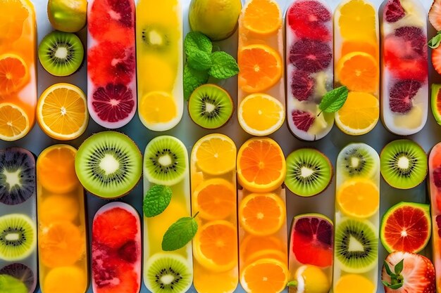 Various fruit popsicles are placed on the board background neural network ai generated