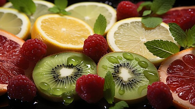 various fruit slices with water droplet