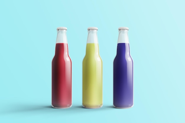 Различные бутылки фруктовой газировки безалкогольный напиток с каплями воды, выделенными на фоне тоща 3d-рендеринг подходит для вашего дизайн-проекта