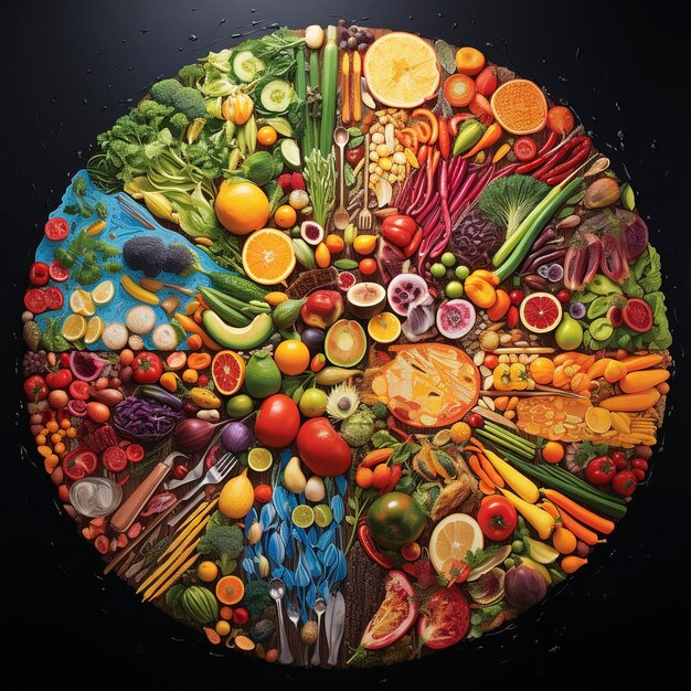 Различные фрукты и овощи, выложенные на столе