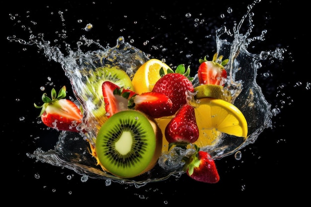 暗い背景に水のしぶきを持つさまざまな果物ビタミンが豊富な健康的な果物生成 Ai