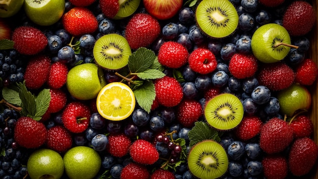 various fruits and berries on a dark background