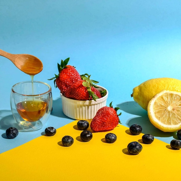 Various fruits on glass against blue background