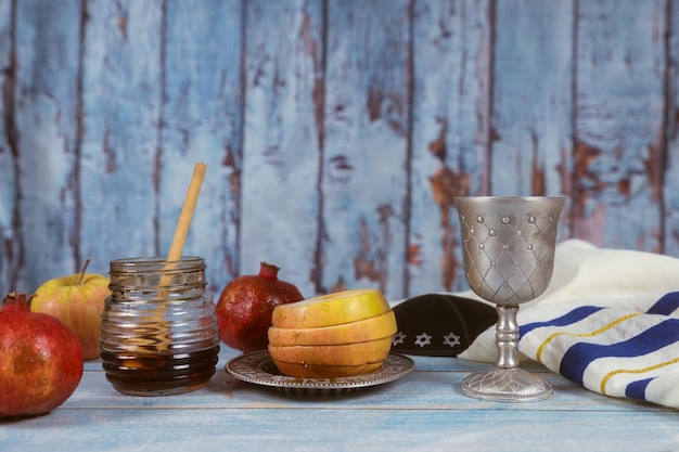 Various fruits in glass on table