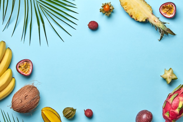 Various fruits on a gray wooden table