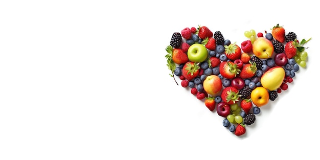 various fruits heart shaped on white background with copy space for text