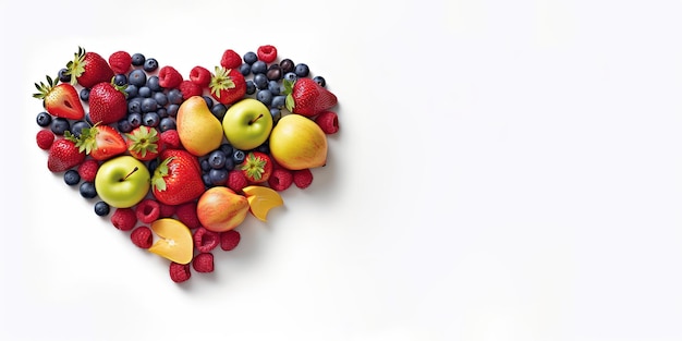 various fruits heart shaped on white background with copy space for text