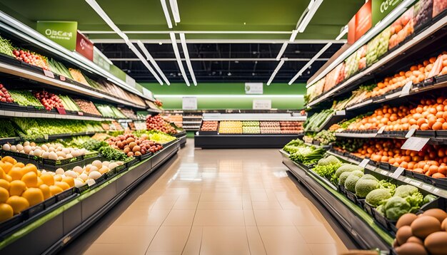 Various fruits vegetables and eggs in organic section of supermarket