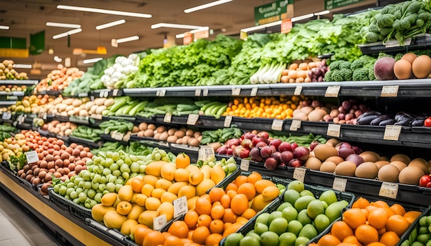 Various fruits vegetables and eggs in organic section of supermarket