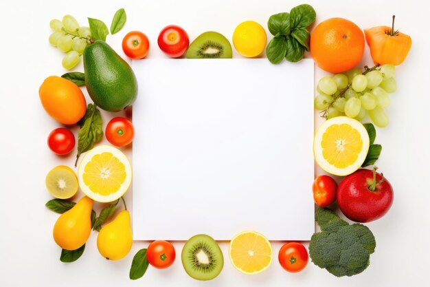 Foto cornice di frutta e verdura su sfondo bianco spazio di copia