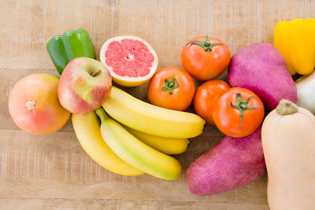 Various fruits and vegetables on table