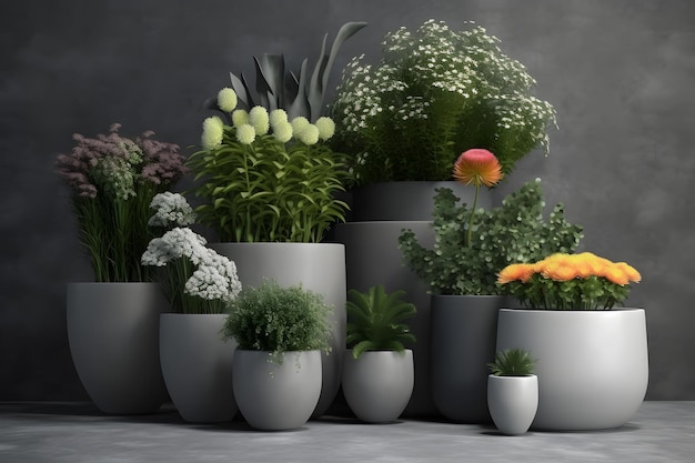 various garden plants in pots on a dark background