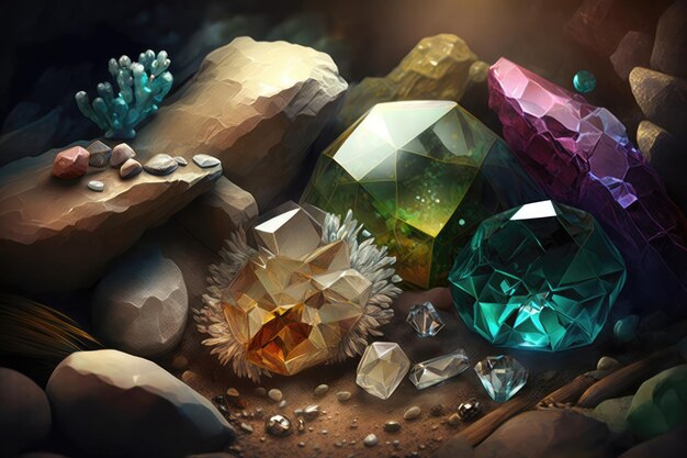 Various gems and crystals in cave