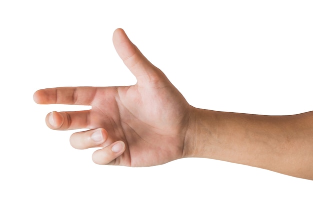 Различные жесты и знак мужской руки, изолированные на белом фоне с обтравочным контуром.